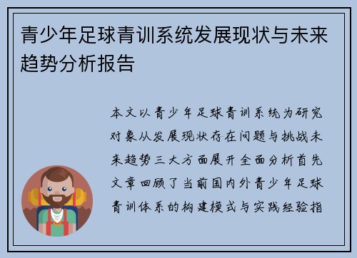 青少年足球青训系统发展现状与未来趋势分析报告