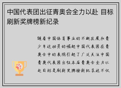 中国代表团出征青奥会全力以赴 目标刷新奖牌榜新纪录